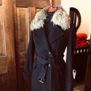 ANDREW MARC WOOL CASHMERE WITH REAL FUR COLLAR BELTED COAT BLACK 4